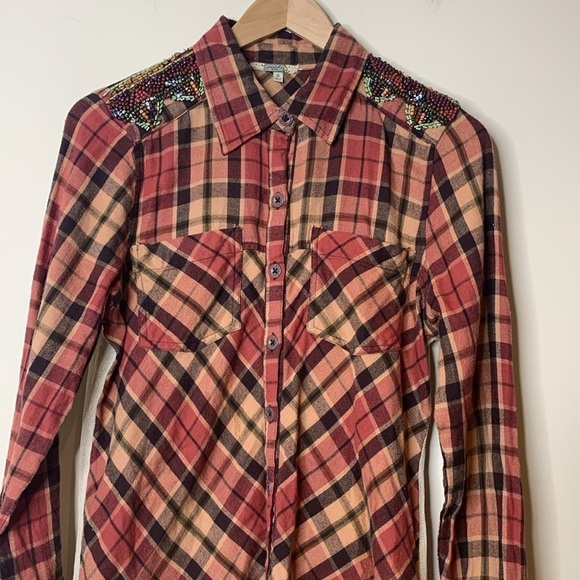 Gimmicks by BKE | Plaid Beaded Embroidered Mesh Long Sleeve Button Down Shirt S - Picture 3 of 17